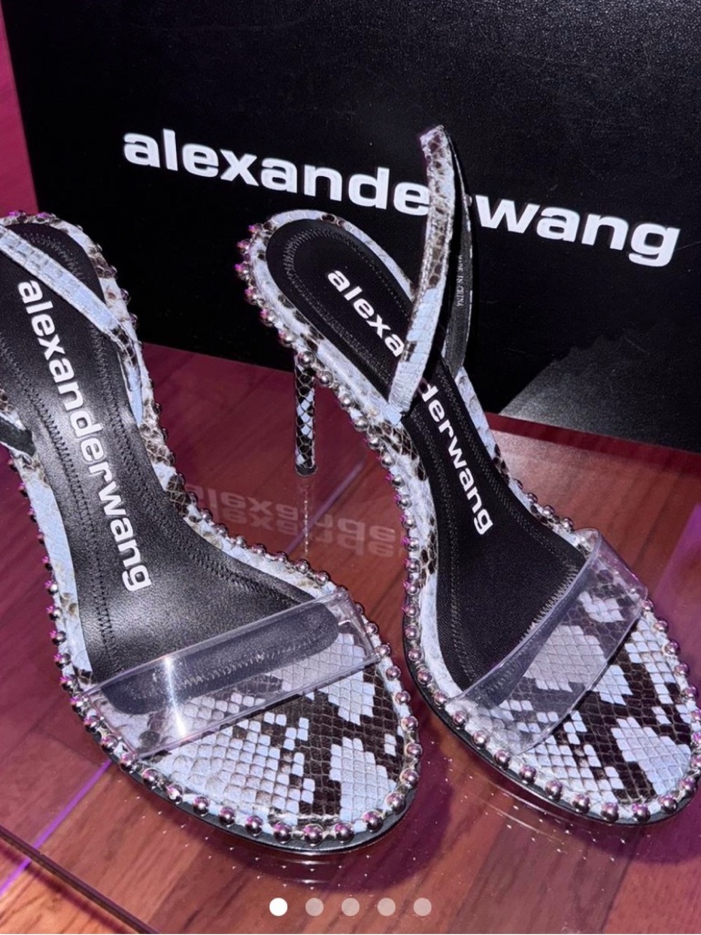 Alexander Wang Black and White Snakeskin-Print Slingback Heels with Rhinestones